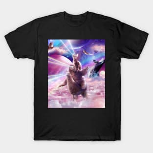 Laser Eyes Space Cat On Sloth Llama - Rainbow T-Shirt